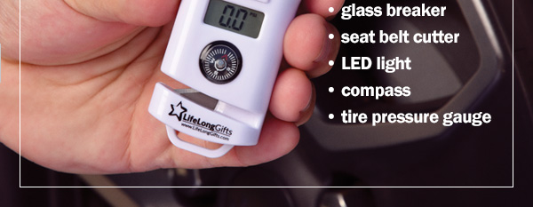 Glass Breaker - Seat Belt Cutter - LED Light - Compass - Tire Pressure Gauge